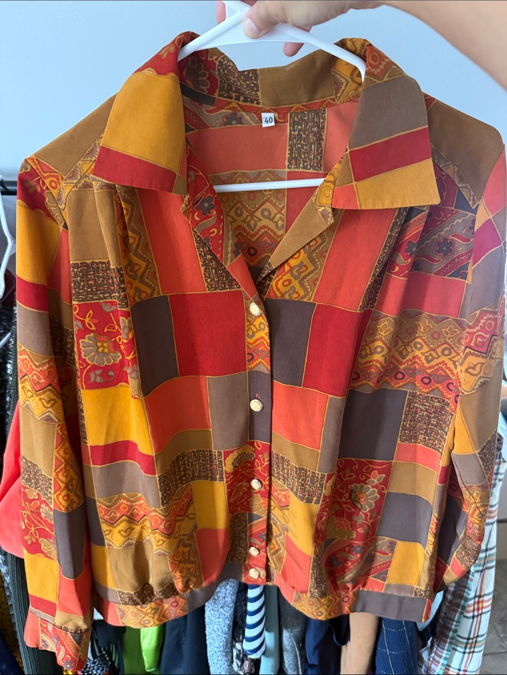 Vintage Patchwork Button-Up Blouse in Red, Mustard & Brown